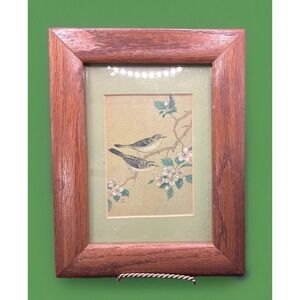 Vtg Wood Framed Bird on a Branch Print- 9.5" Tall by 7" Wide-Sage Green Mat